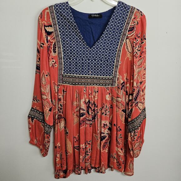 Anthropologie RD & Koko Embroidered Top Puff Sleeve Boho Hippie Orange Blue Med - Picture 1 of 9
